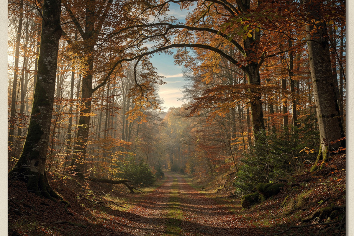Chemin forestier aux couleurs cuivrées pour illustrer l’automne