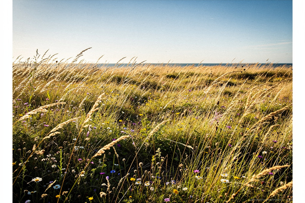 Prairie côtière baignée de soleil pour illustrer l’été