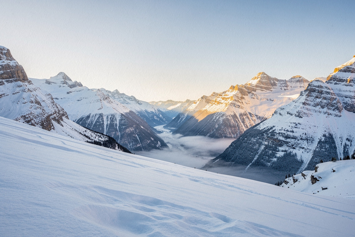 Vallée de montagne enneigée au soleil d’hiver