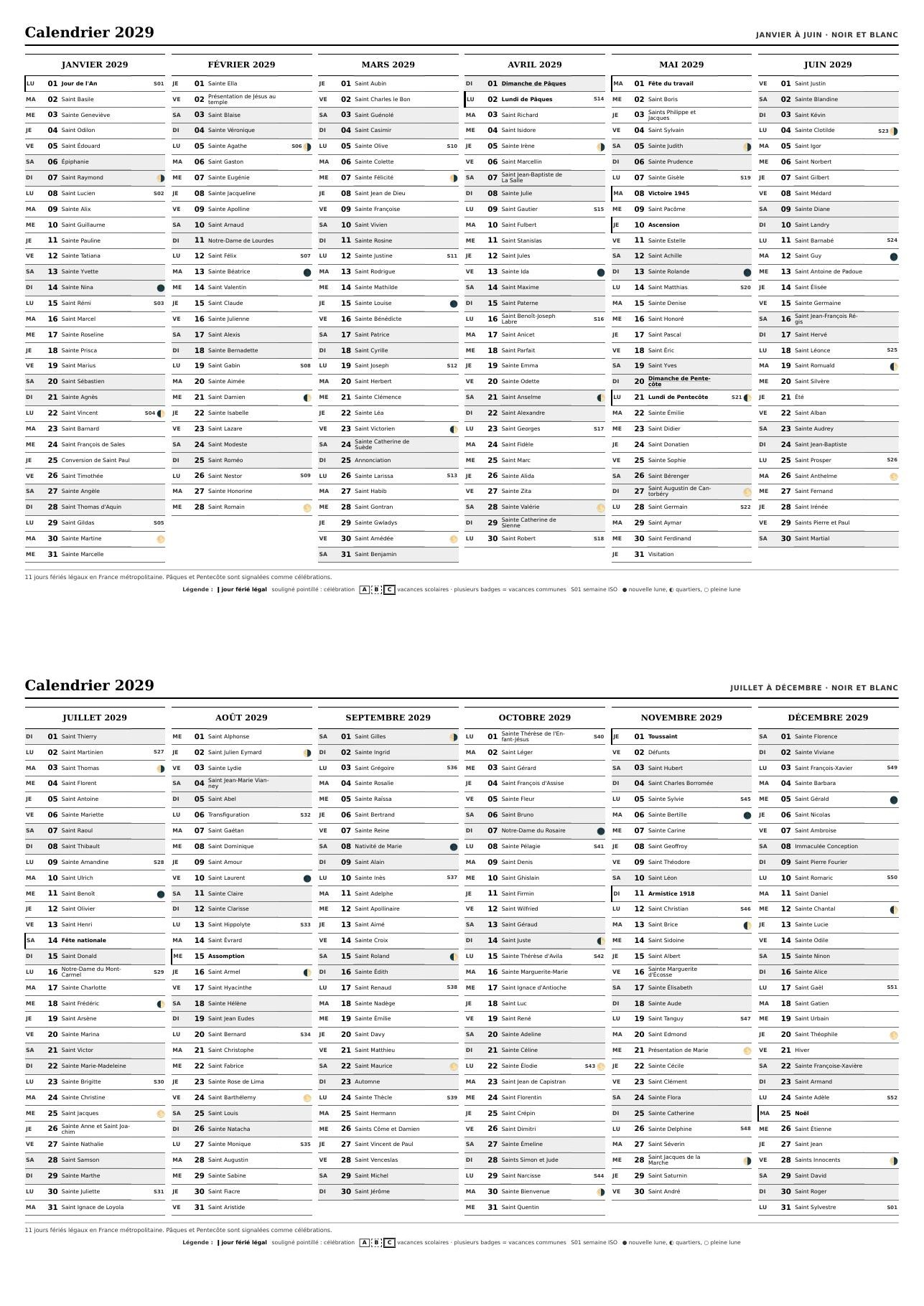 Aperçu complet du calendrier 2029 en noir et blanc