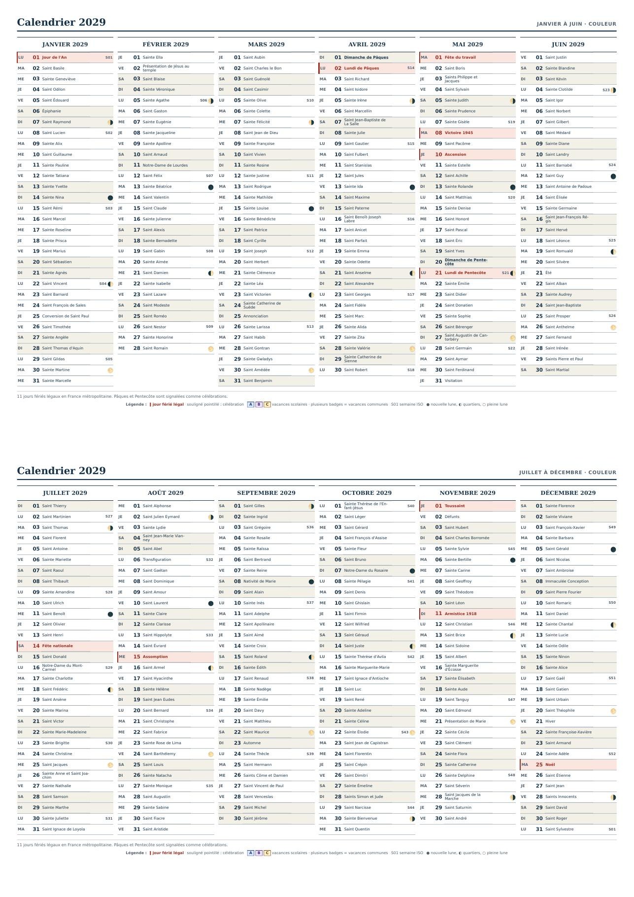 Aperçu des deux pages du calendrier annuel 2029 en couleur